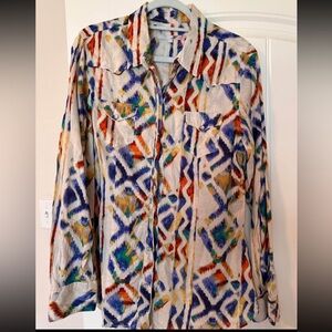 Tin Haul Western Pearl Snap Long Sleeve Button Down Shirt. Bright and colorful.